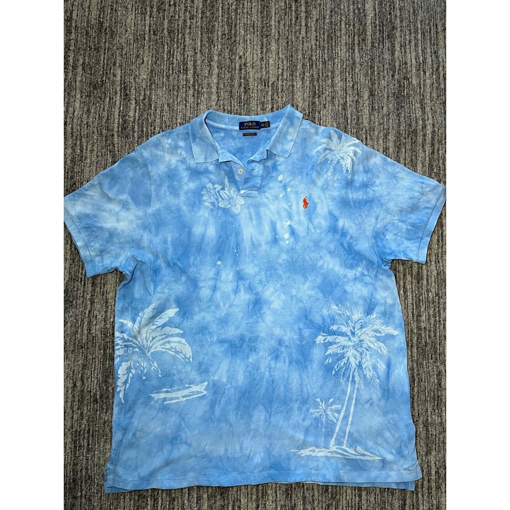 Polo Ralph Lauren Custom Slim Fit Men's 2XL Blue/White Tie-Dye Tropical Polo